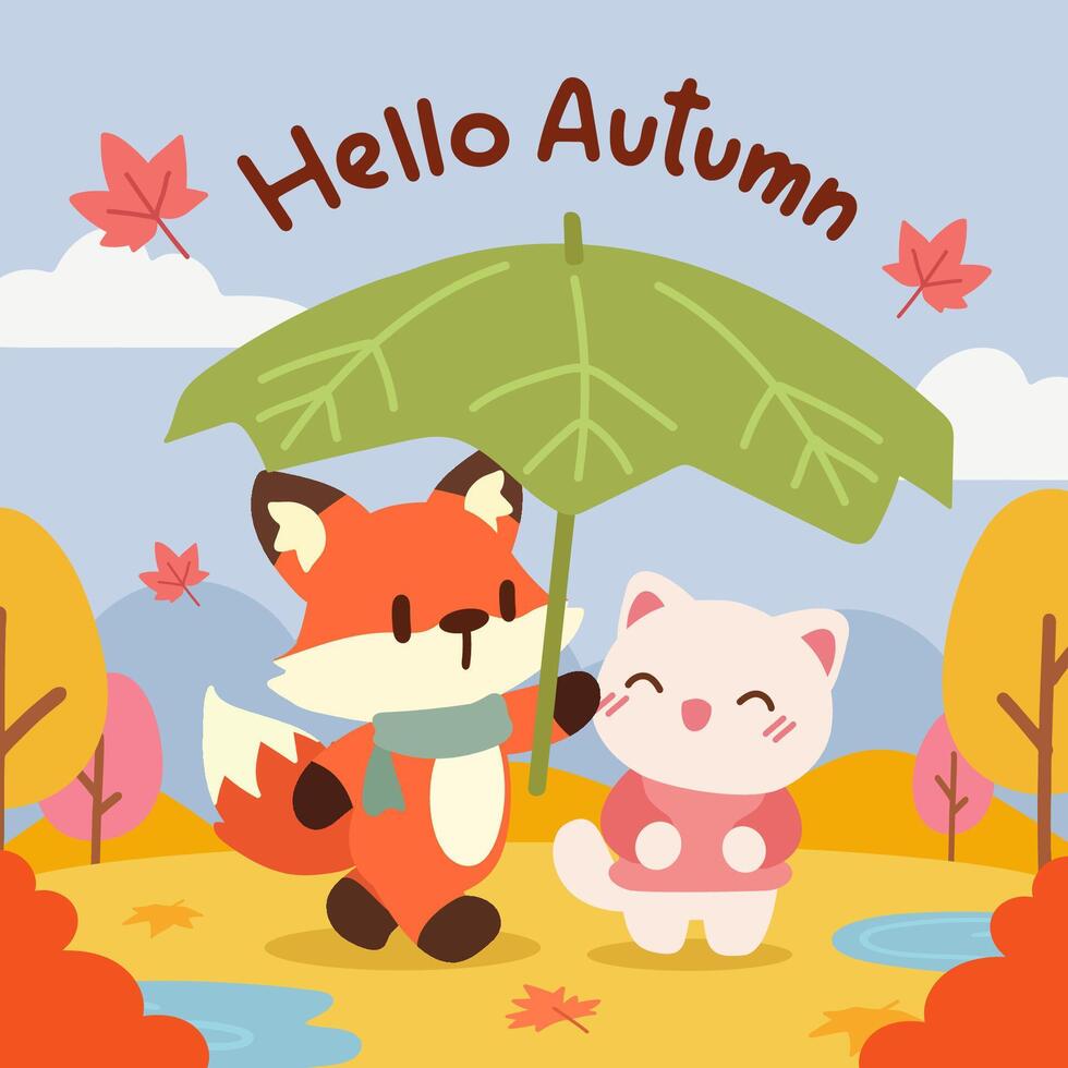 Fox and Cat Enjoying Autumn with a Leaf Umbrella. Cute Autumn Illustration of Fox and Cat in a Fall Forest. vector