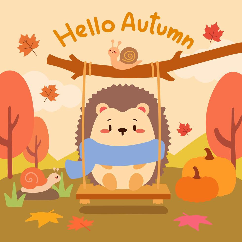 Cute Hedgehog and Snail Enjoying Autumn Scene with Pumpkins. Autumn Illustration with Hedgehog on Swing and Snail Under Fall Leaves. vector