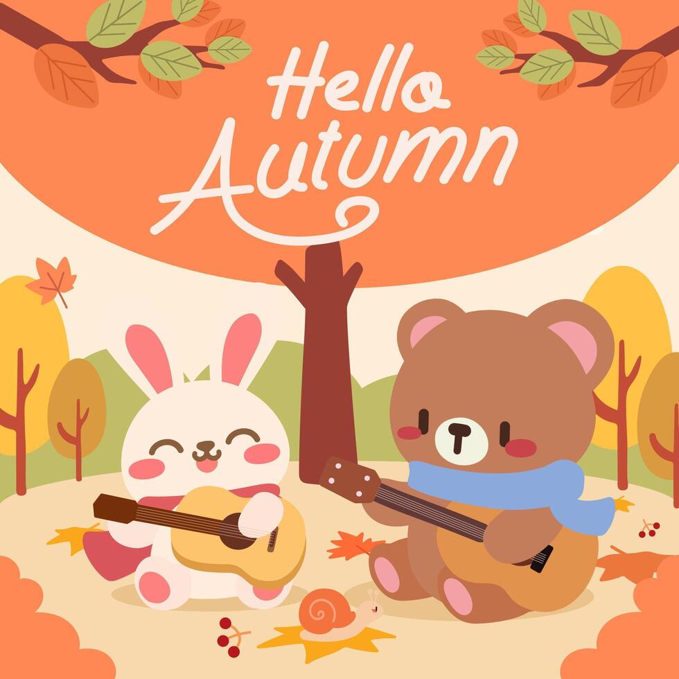 Hello Autumn with Adorable Animals Playing Guitar in a Fall Forest. Cute Bear and Bunny Enjoying Music in an Autumn Woodland Scene. vector