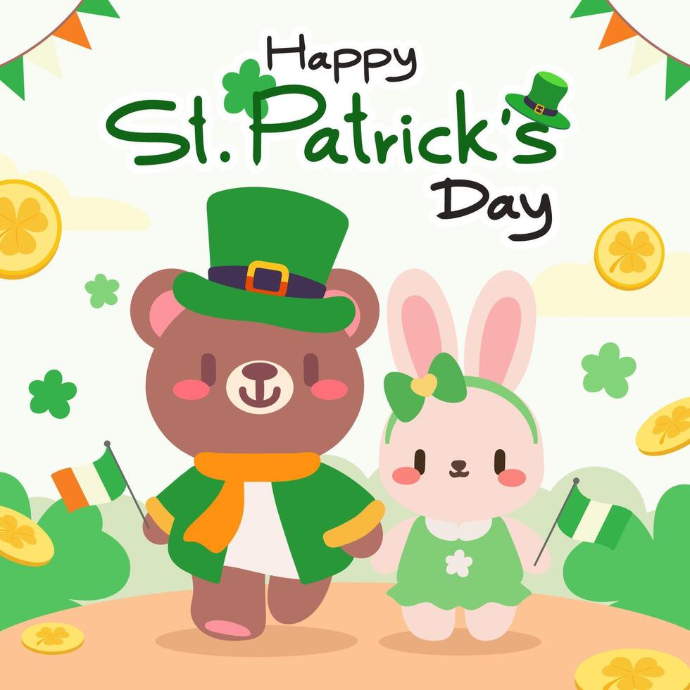 Kawaii St. Patrick s Day Bear and Bunny Illustration. Adorable St. Patrick s Day Illustration with Bear and Bunny in Green. vector