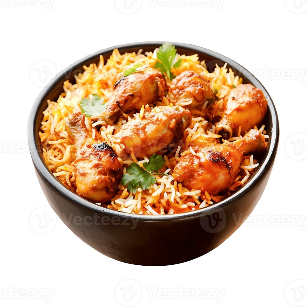 Delicious Chicken Biryani with Rice and Herbs isolated on a transparent background png