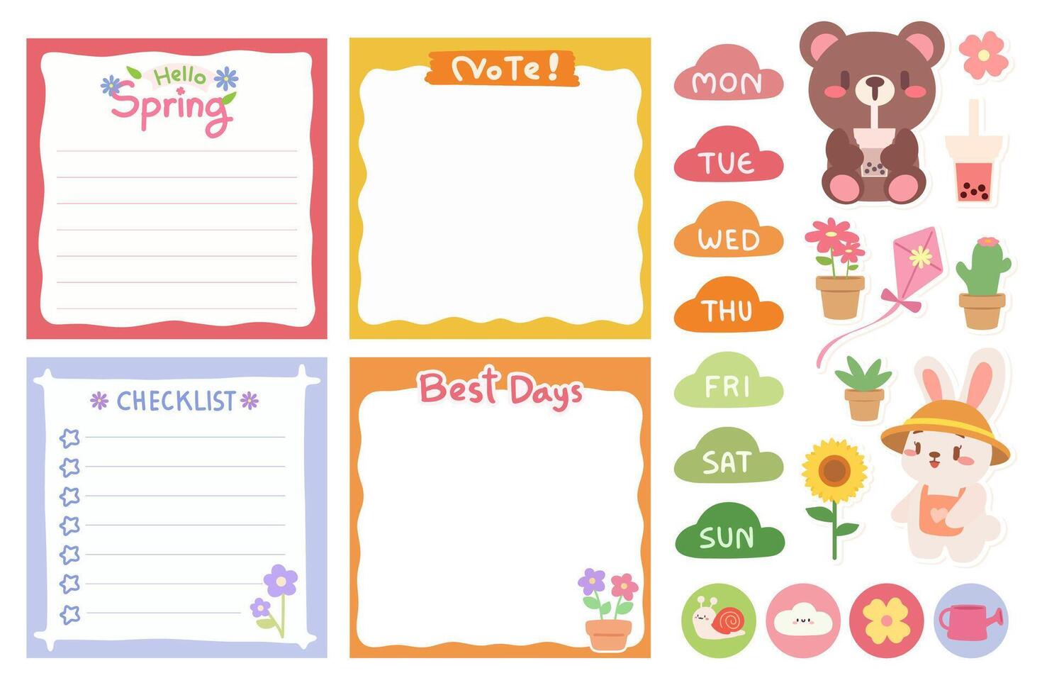 Springtime Memo and Checklist with Cute Kawaii Bear and Bunny. Perfect for Organizing Weekly Schedules, Checklists, and Notes. vector