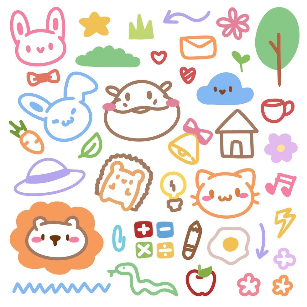 Cute Animal Doodle Set with Hippo, Bunny, and Cat. Adorable Hippo and Animal Friends Doodle Illustration. vector