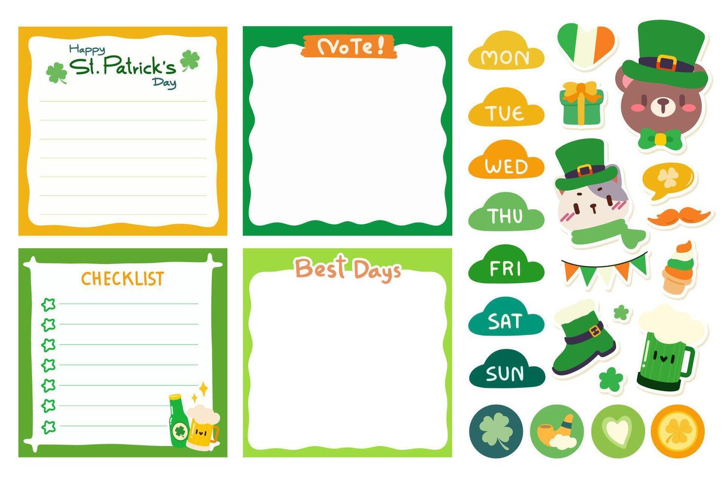 St.Patrick's Day Memo Set. St.Patrick's Day themed memo set includes adorable planner stickers featuring cute characters like a bear and cat in leprechaun hats, a checklist, and memo sheets. vector