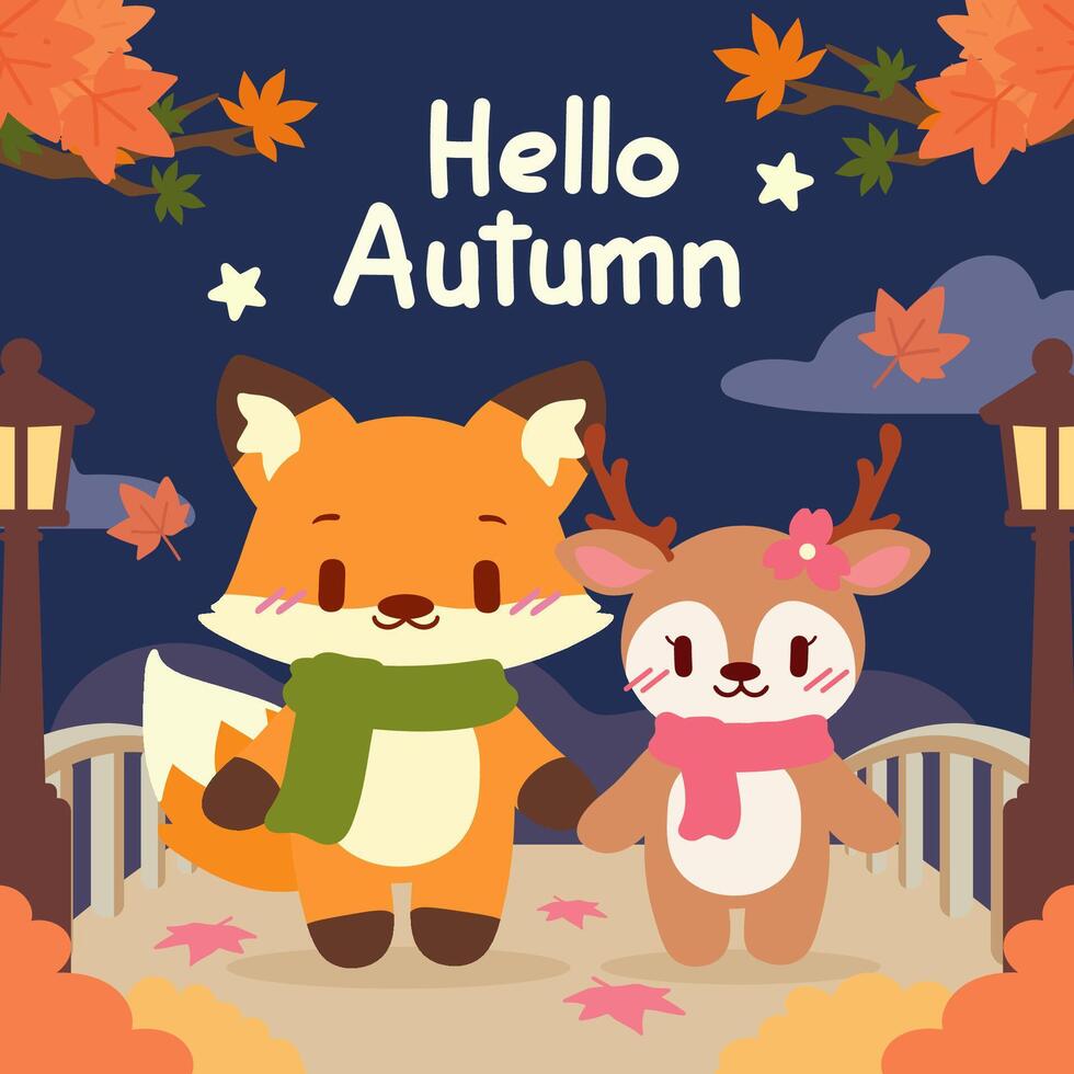 A cute fox and deer strolling together under a crisp night sky, surrounded by glowing lampposts and falling leaves. vector