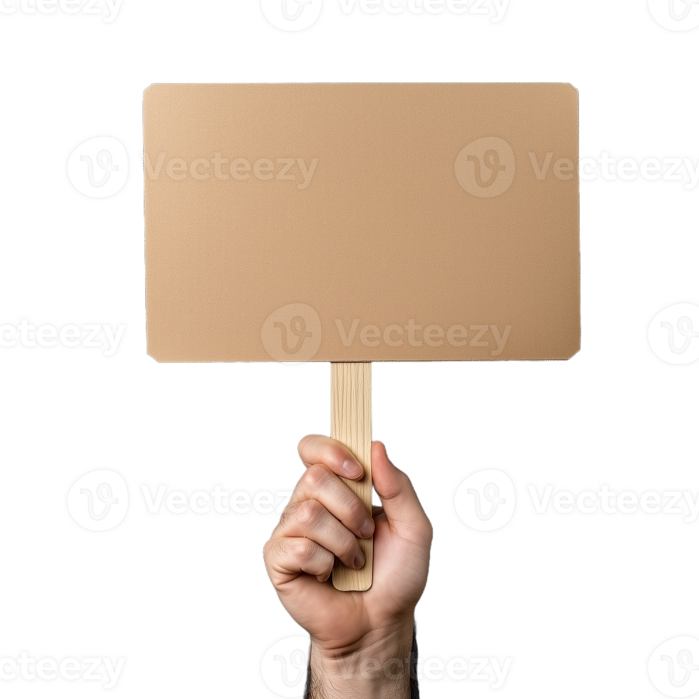 Close up of a hand holding a blank cardboard sign on a stick, isolated on a transparent background png