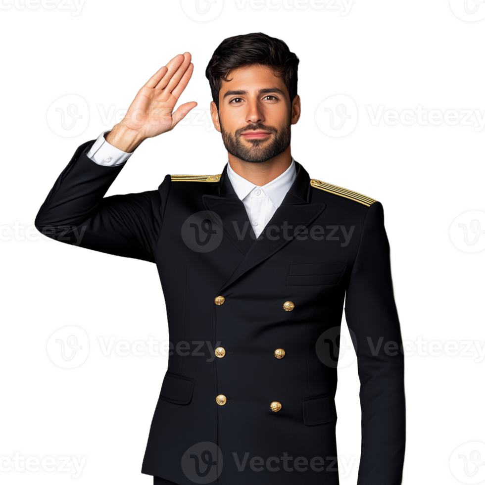 Man dressed in a navy blue double breasted jacket saluting, looking forward on a transparent background png