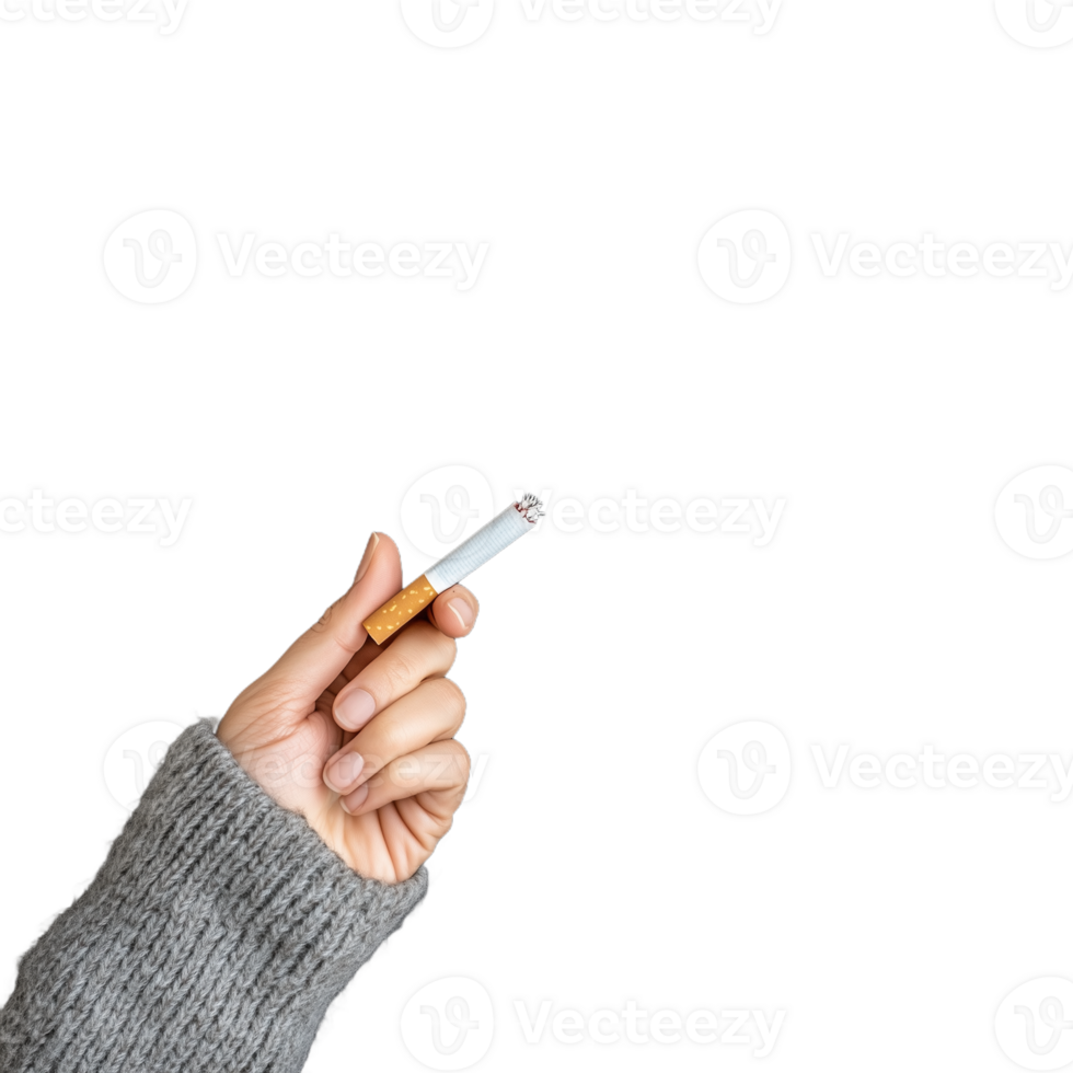 Single hand holding a broken cigarette between two fingers, isolated on a transparent background png
