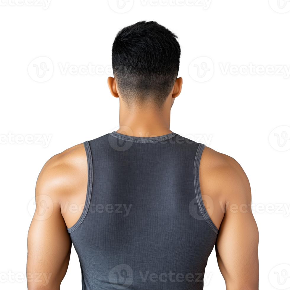 Man with muscular back wearing a gray tank top, facing away, isolated on a transparent background png