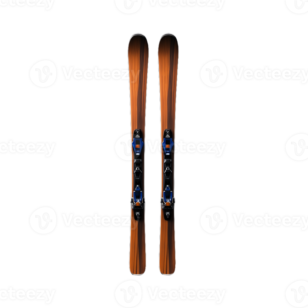 Pair of wooden skis standing upright against a transparent background png