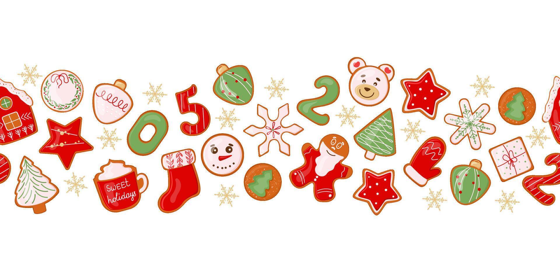 Christmas gingerbread cookies border. Hand drawn horizontal seamless pattern, Sweet homemade biscuit ginger man, snowflakes, snowman, sock. Great for winter season textiles, banners, wallpaper vector