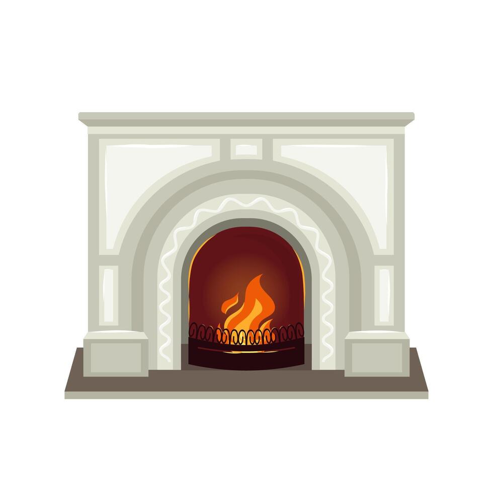 Modern fireplace with decor elements and carved iron fence Cozy winter interior bonfire, burning flame blazing inviting warm fire. Home open hearth for comfort and relaxation. flat illustration vector