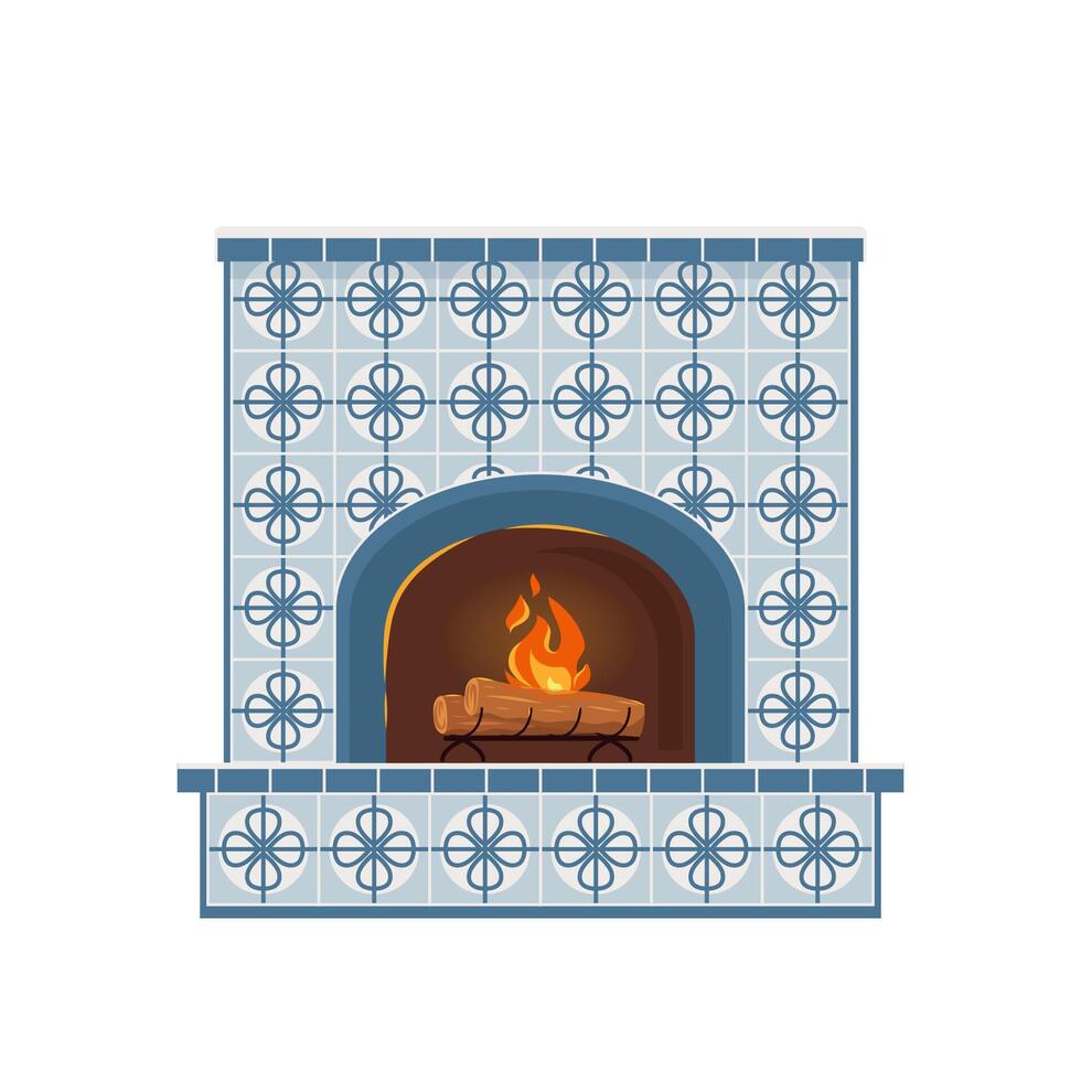 Fireplace lined with decorative blue and white tiles in Mediterranean style. Cozy interior bonfire with decor elements and log stand, burning flame for comfort and relaxation. flat illustration vector