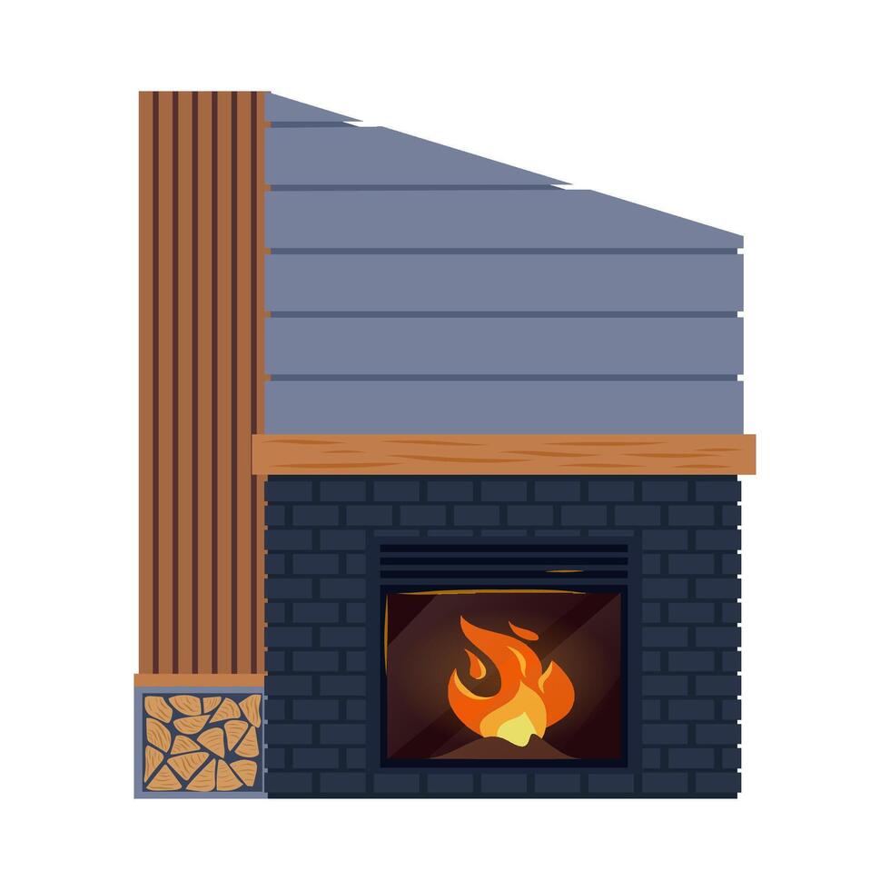 Modern fireplace, faced with black brick and decorated with wooden shelf Cozy interior bonfire, burning flame blazing inviting warm fire Home hearth for comfort and relaxation flat illustration vector