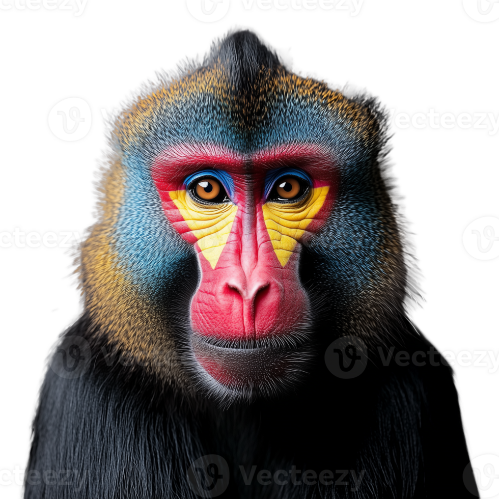 Close up of a mandrill looking forward, showing its colorful face, on a transparent background png