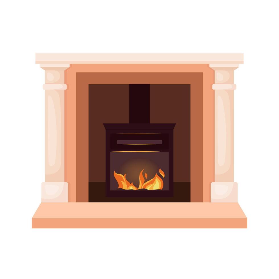 Contemporary classic fireplace with columns. Cozy winter interior bonfire, burning flame blazing inviting warm fire. Home open hearth for comfort and relaxation. flat illustration vector