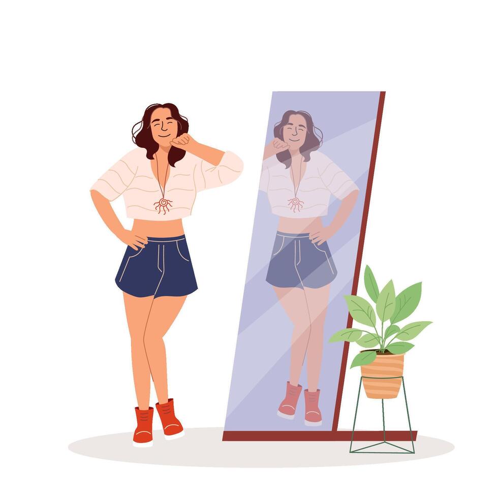 Charming woman standing in front of a mirror in a clothing store. Girl admires herself. Female character in changing room looking at apparel and outfit at mirror. Flat design illustration vector