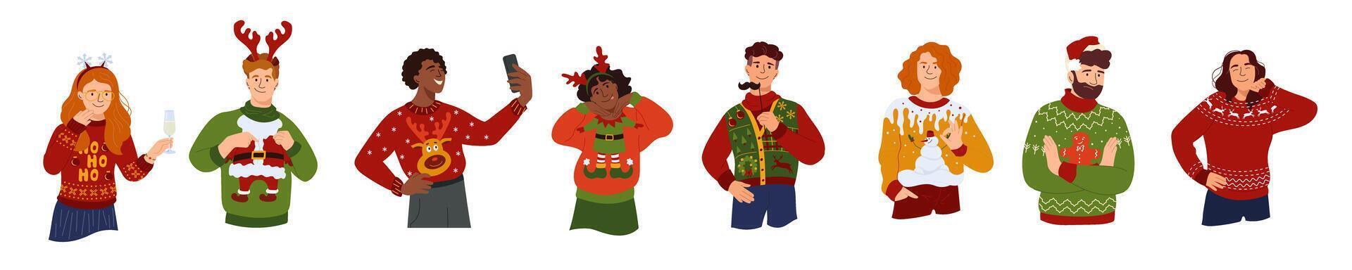 Happy people in different festive ugly sweater and headband with deer antlers Joyful men and women in garish Christmas sweater exudes holiday cheer character in winter clothes traditional print vector