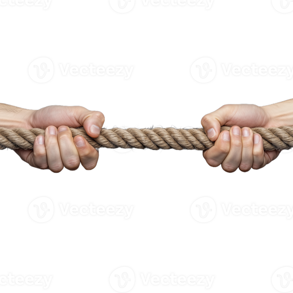 Hands gripping a rope tightly, pulling in a tug of war, isolated on a transparent background png