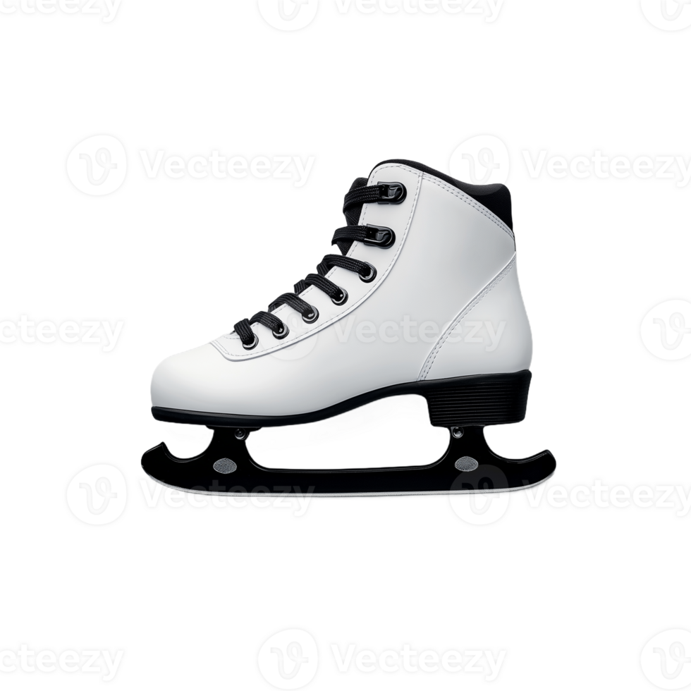 White ice skate with black laces, standing upright, isolated on a transparent background png