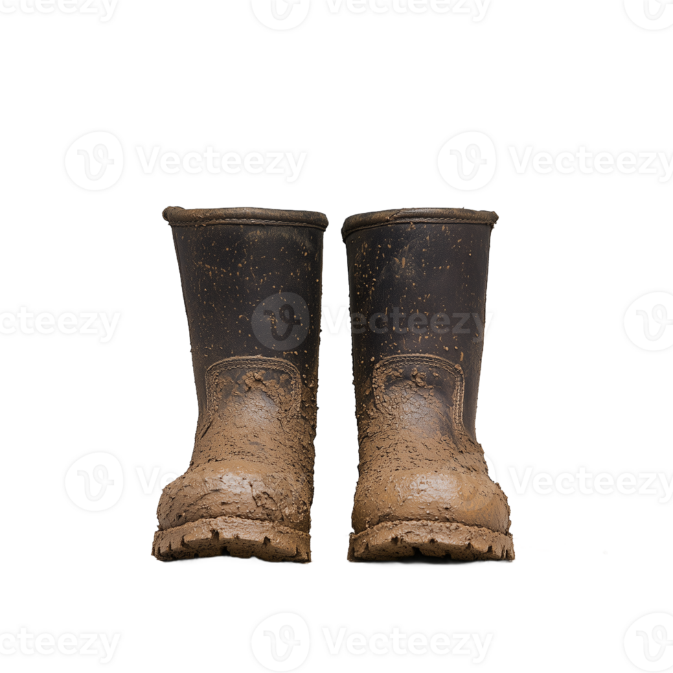 Pair of worn muddy boots on a transparent background symbolizing farm work and agriculture png