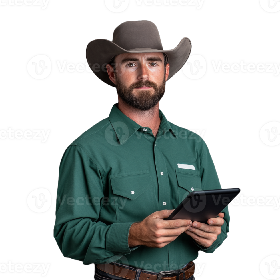 Cowboy holding a tablet in a green shirt and cowboy hat on a transparent background symbolizing modern agriculture png