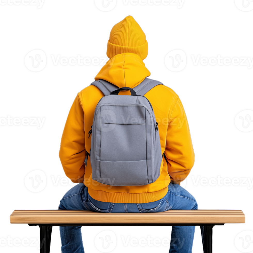 Young man in a yellow hoodie with a gray backpack sitting on a bench, back to the camera, isolated on a transparent background png