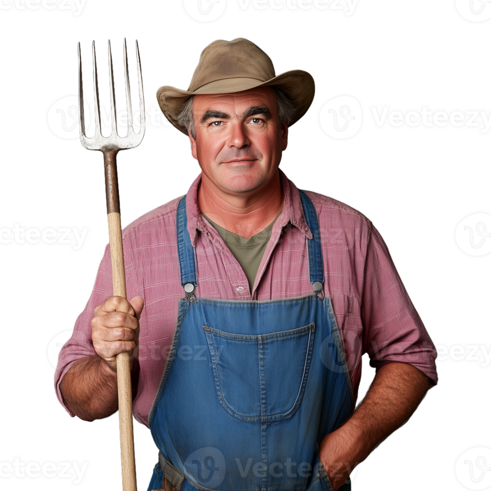 Farmer in pink shirt and blue apron holding a pitchfork on a transparent background symbolizing agriculture and farming png