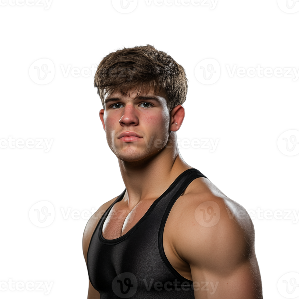 Muscular young man in a black tank top posing confidently on a transparent background symbolizing strength and fitness png