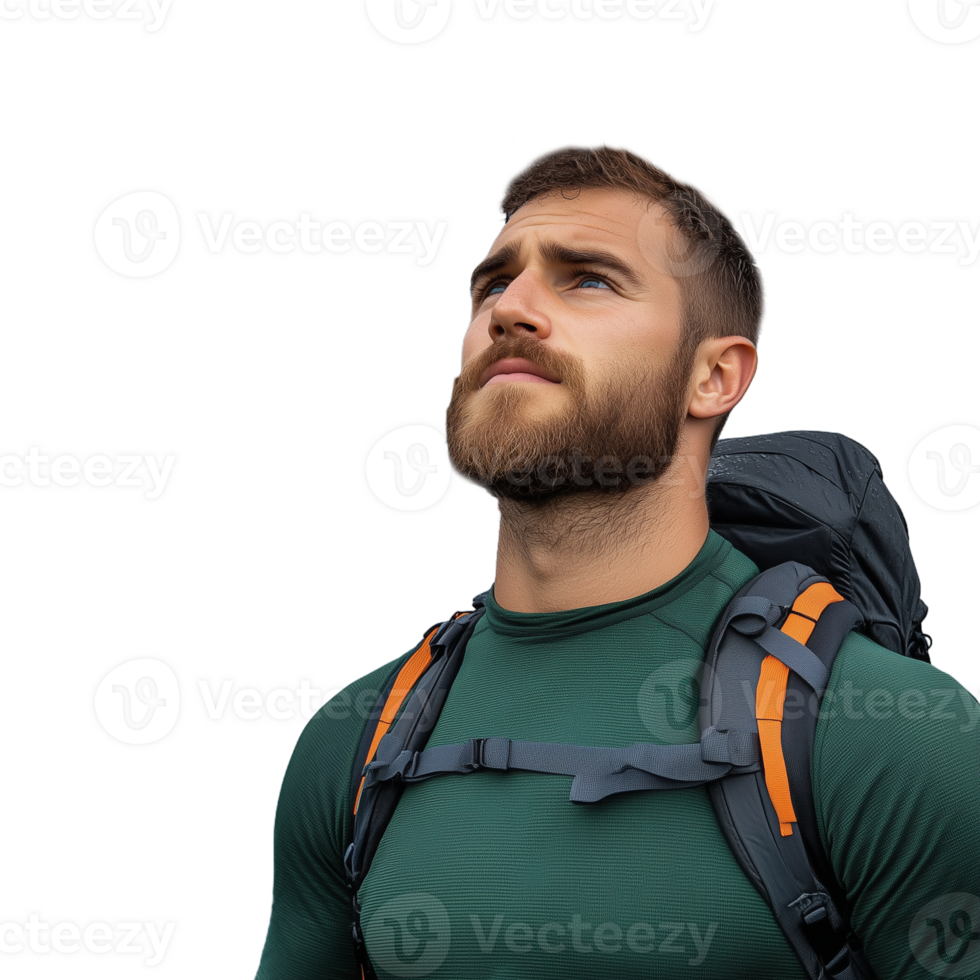 Man in green hiking gear with a backpack looking upwards on a transparent background symbolizing adventure and exploration png
