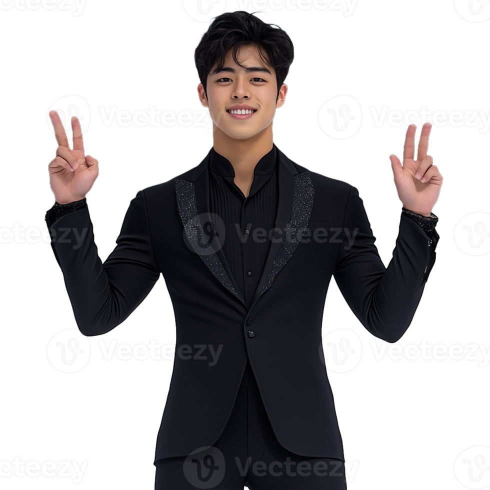 Young man in black suit smiling and making peace signs on a transparent background symbolizing positivity and fun png