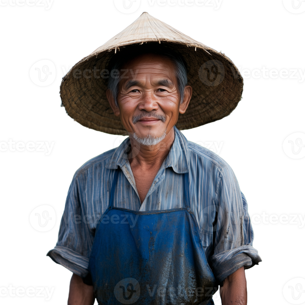 Older farmer with straw hat and apron smiling on a transparent background symbolizing rural life and agriculture png
