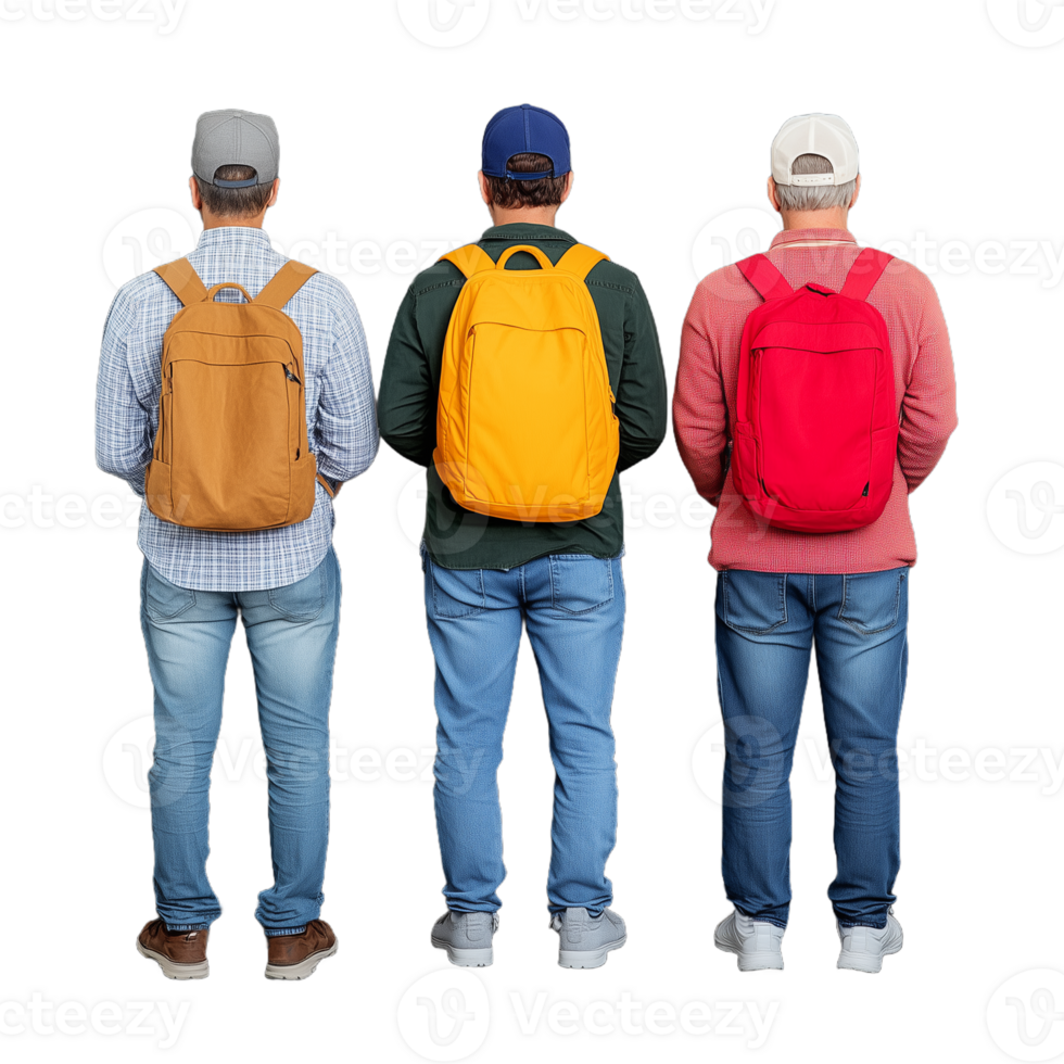 Three men wearing backpacks, standing with their backs to the camera, isolated on a transparent background png