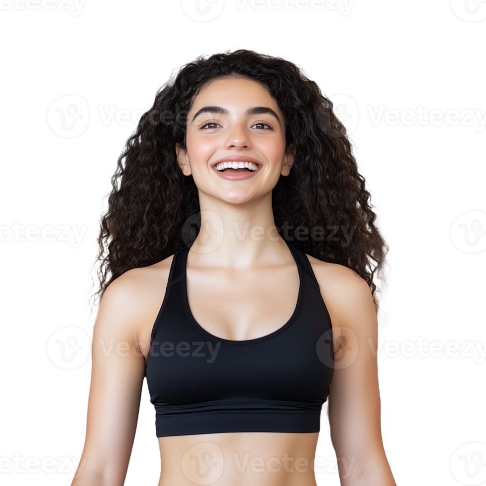 Young woman with curly hair in a sports bra smiling on a transparent background symbolizing fitness and joy png