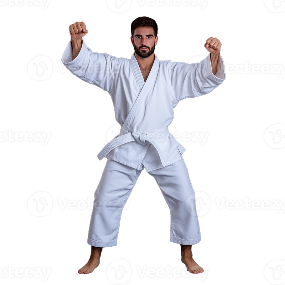 Martial artist in a white karate uniform, standing in a fighting stance, isolated on a transparent background png