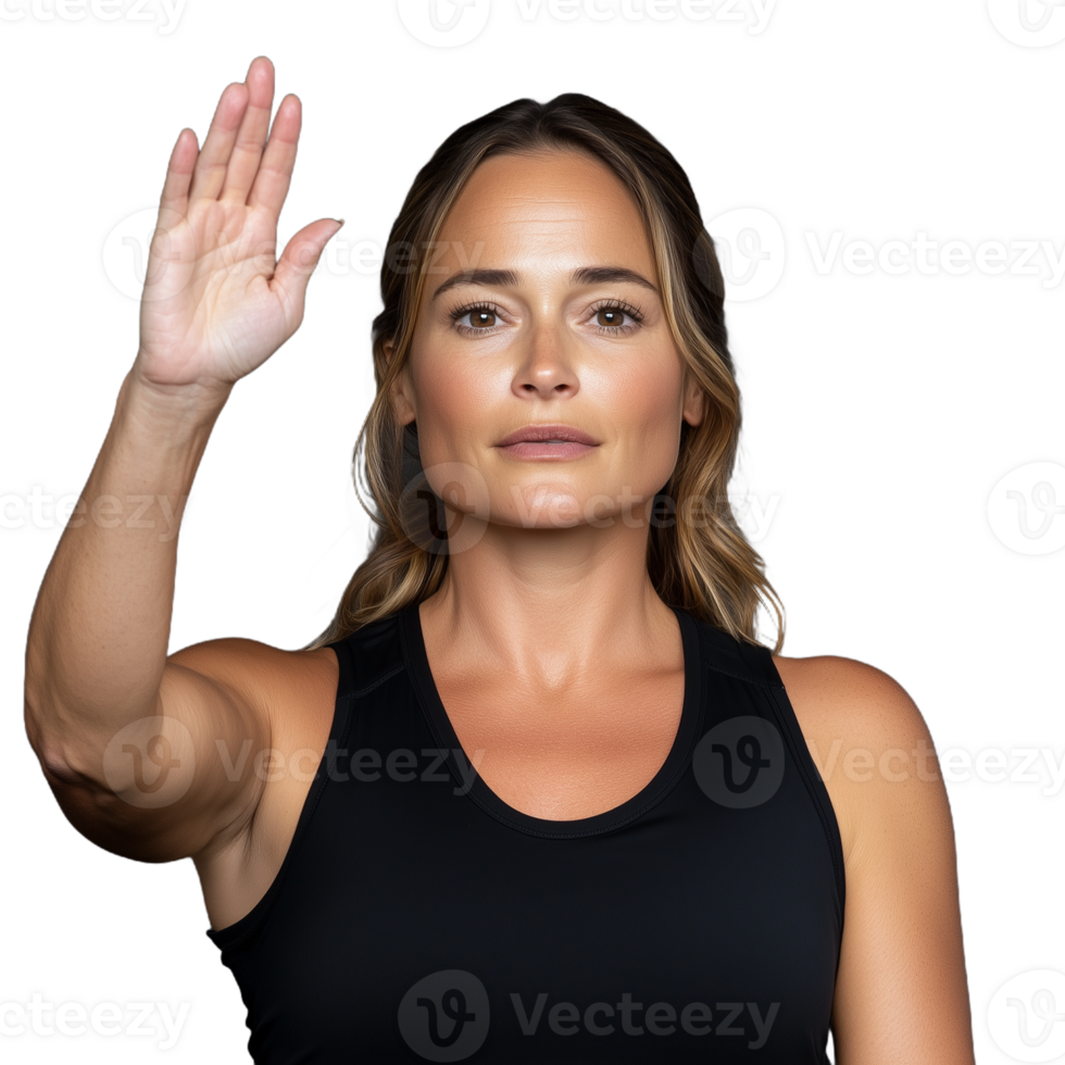 Confident woman raising her hand in a black tank top on a transparent background symbolizing leadership and empowerment png
