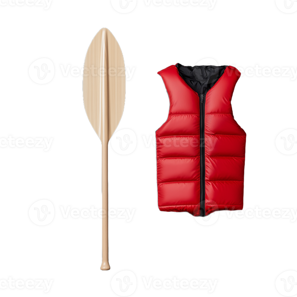 Red life vest and wooden paddle on a transparent background symbolizing water sports and safety png