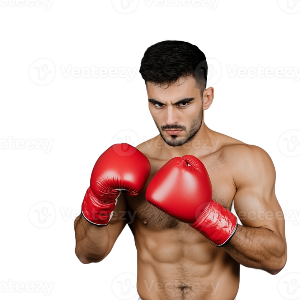 Muscular boxer in red gloves with a determined pose on a transparent background png