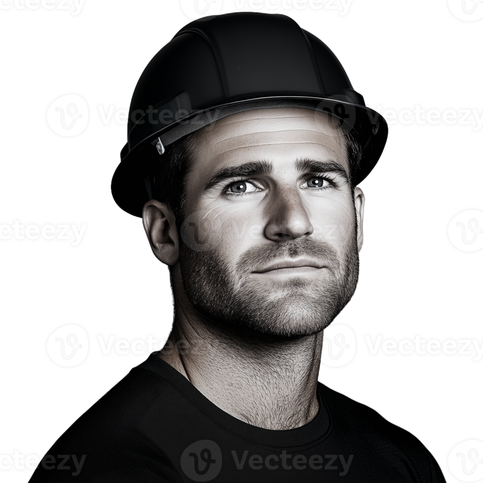 Black and white portrait of a serious man in a hard hat on a transparent background symbolizing work and industry png