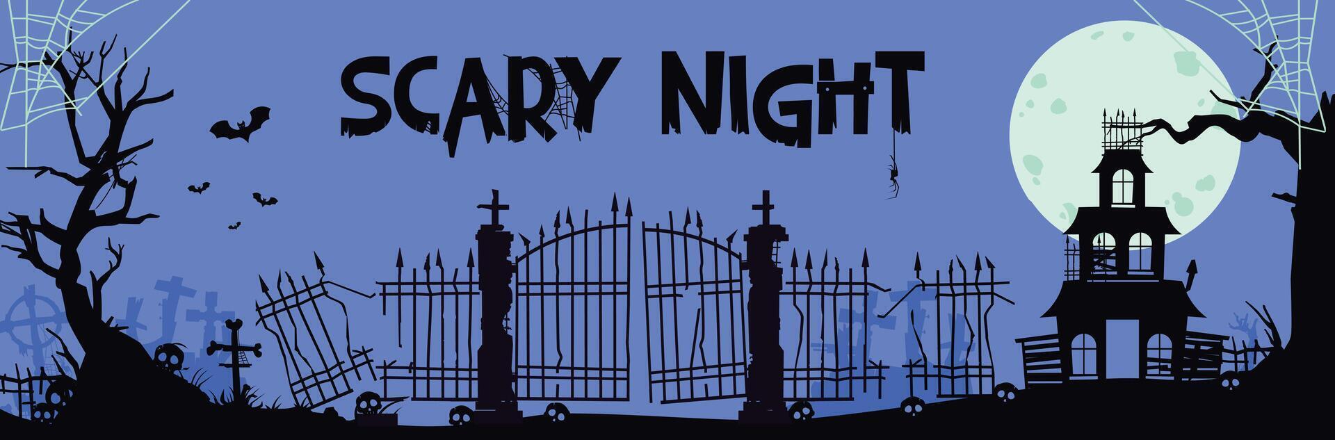 Illustration of a spooky night scene with a house, cemetery gate and full moon. Perfect for posters and banners. vector