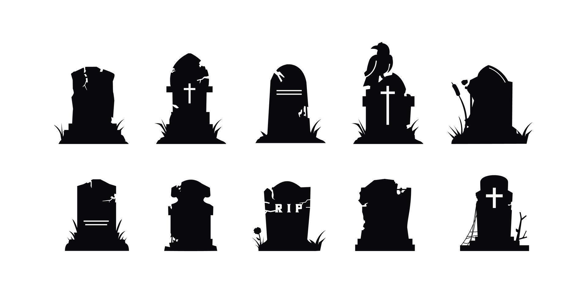 Set of grave icons with gravestones and symbols. Flat illustration of death icons to commemorate someone vector