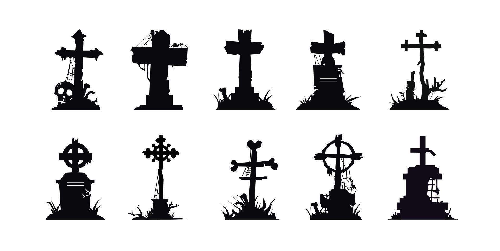 Set of grave cross icons. Flat illustration of death icons to commemorate someone, perfect for Halloween vector