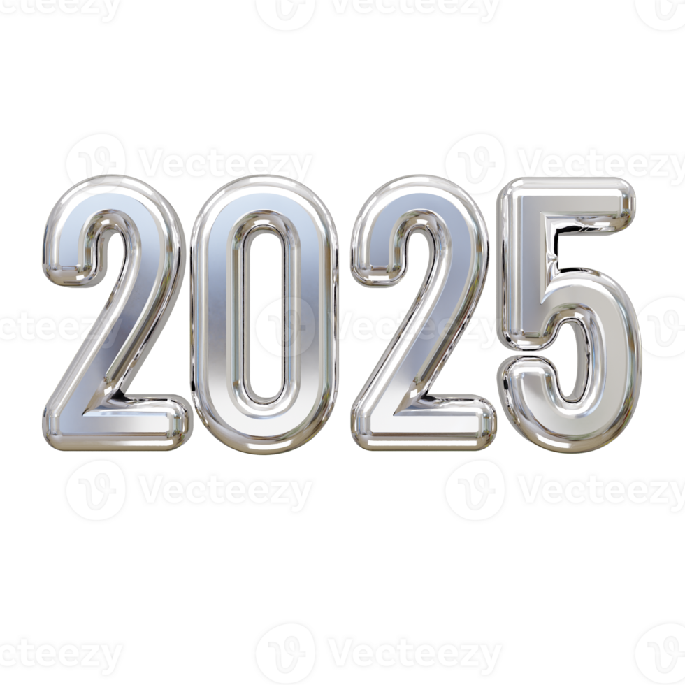 Happy new year 2025 with shiny silver text effect rendering png