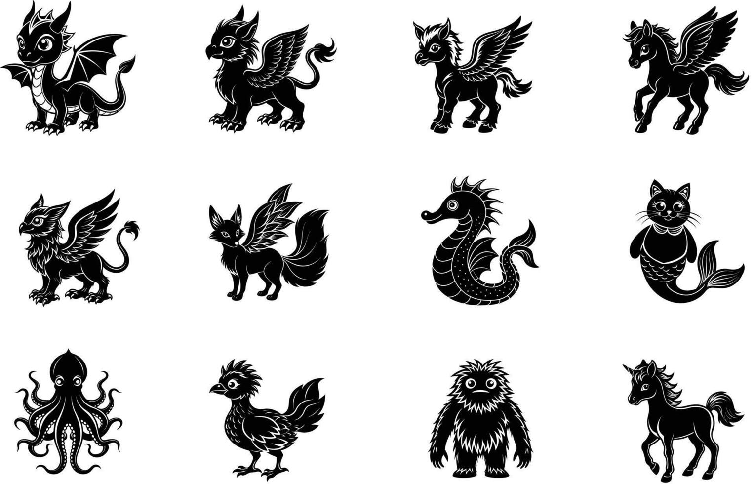 Fantasy Cute Mythical Animals ,For Fantasy Themes, silhouette bundle set vector
