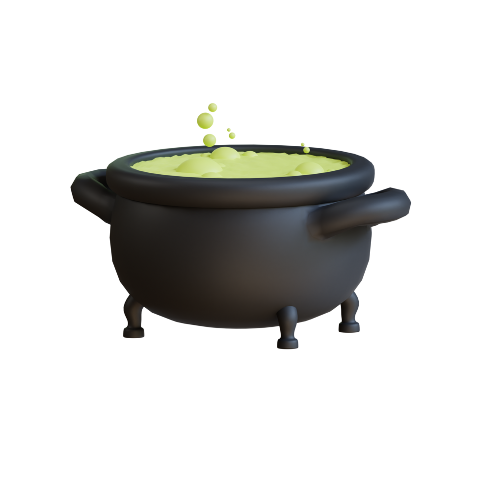 3d render of a black witch cauldron bubbling with a green potion on a transparent background png