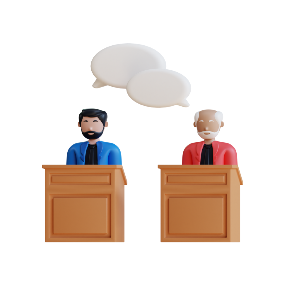 3D illustration of a debate or discussion with two people behind podiums and a blank speech bubble above png