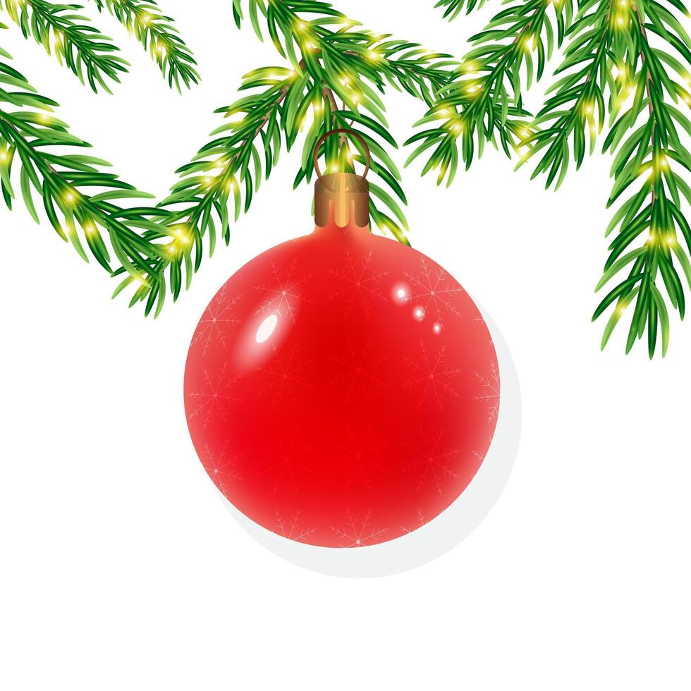 Decorative red Christmas ball on fir branch with sparkles, on white background vector