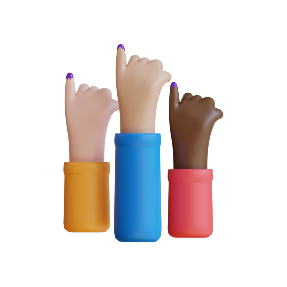 3D rendered illustration of three hands with different skin tones emerging from colorful cylinders pointing upwards. png