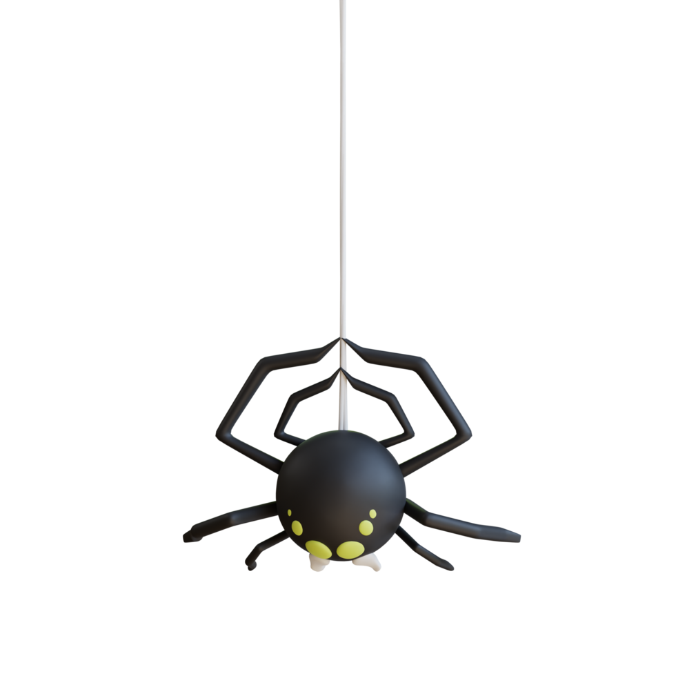 Cute black spider hanging on its web, 3d render illustration for halloween png
