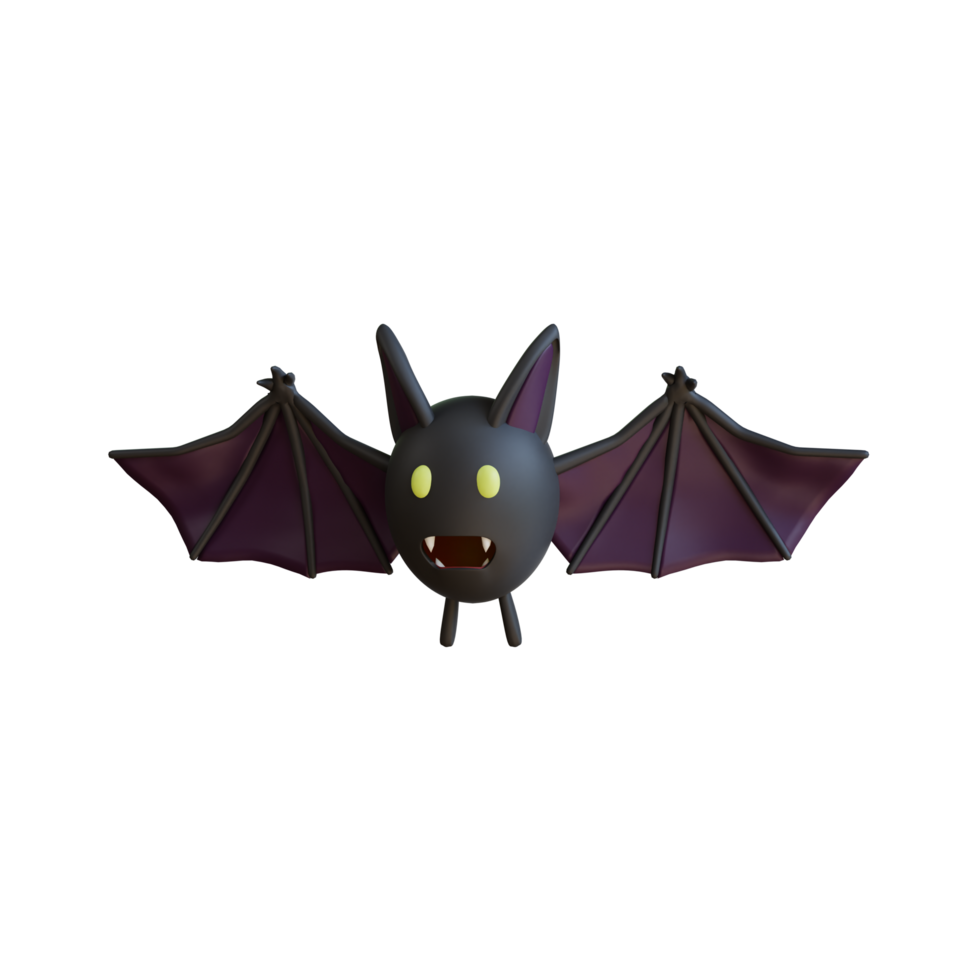3d cartoon bat with glowing eyes is flying and showing its fangs png